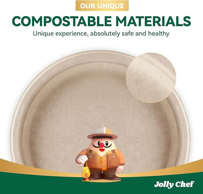 JOLLY CHEF Compostable Heavy Duty Plates 𝟭𝟬 𝗜𝗻𝗰𝗵 [𝟯𝟬𝟬 𝗣𝗮𝗰𝗸] Eco-Friendly Disposable Paper Plates Made of Bagasse Biodegradable Bulk for Party Dinner Sugarcane Thanksgiving Day (Natural)