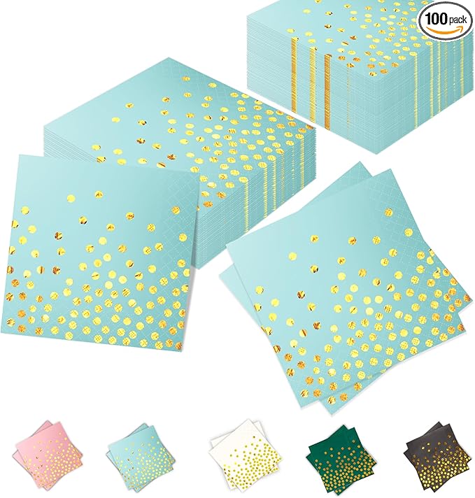 100 Pack 6.5x6.5 Inch Disposable Blue Gold Paper Napkins