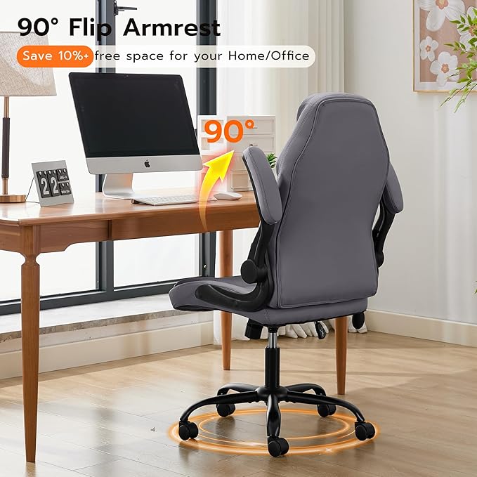 Office Desk Chair, Ergonomic Computer Chair with Padded Flip-Up Arms and Adjustable Lumbar Support, PU Leather Executive Chair with Tilt Lock and 360° Swivel Rolling Wheels for Work, Study
