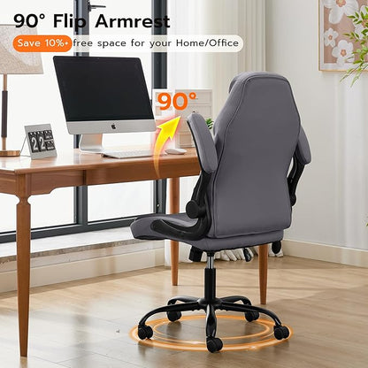 Office Desk Chair, Ergonomic Computer Chair with Padded Flip-Up Arms and Adjustable Lumbar Support, PU Leather Executive Chair with Tilt Lock and 360° Swivel Rolling Wheels for Work, Study