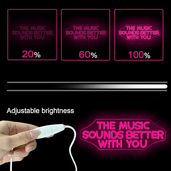NOSUN The Music Sounds Better with You Neon Sign Romance Neon Signs for Wall Decor Led Neon Sign Aesthetic Room Decor for Teen Girls Neon Lights Signs for Bedroom Salon Party Pink Light