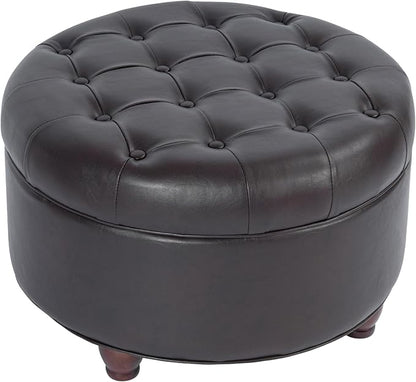 Homepop Home Decor | Button Tufted Faux Leather Round Storage Ottoman | Ottoman with Storage for Living Room & Bedroom (Distressed Brown)