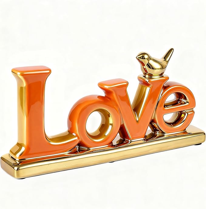 Love Sign Decoration,White and Gold Love Signs for Home Decor Statue,Modern Bird Sculpture Personalized Love Decor,Gold Style Figurine Decorative Ornaments for Living Room,Bedroom,Desktop (Orange)