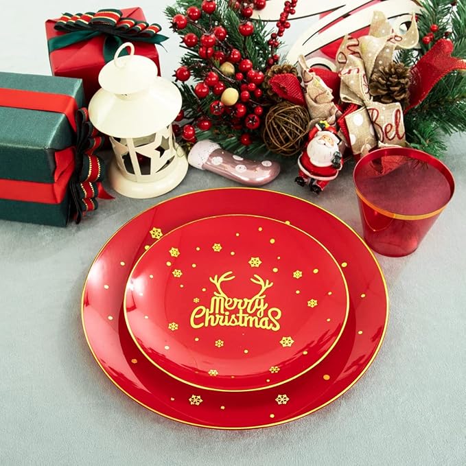 Nervure 175PCS Christmas Plastic Plates - Red and Gold Disposable Plates & Gold Plastic Silverware with Red Handle include 50 Plates 25Knives 25Forks 25Spoons 25Napkins for Christmas Party