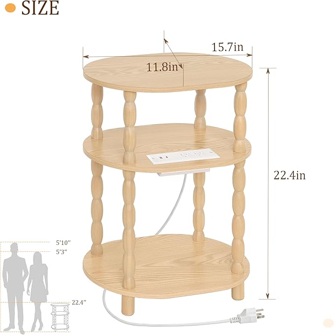 MaxSmeo End Table with Charging Station, Small Oval Side Table for Small Spaces, Modern Accent Table Night Stand with Charging Station for Living Room, Bedroom, Natural