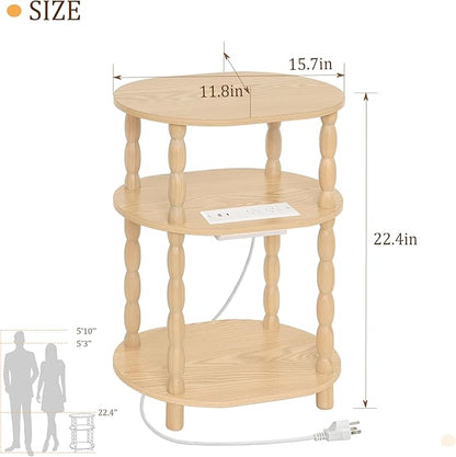 MaxSmeo End Table with Charging Station, Small Oval Side Table for Small Spaces, Modern Accent Table Night Stand with Charging Station for Living Room, Bedroom, Natural