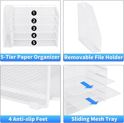 OPNICE 5-Tier Paper Organizer with Magazine Holder, Desk Organizers and Accessories, Office Desk Accessories & Workspace Organizers, Desktop File Organizer for Office Supplies Storage, White