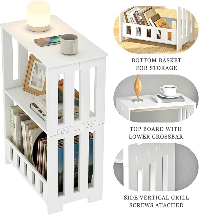 3 Tier Side Table Night Stand, Narrow End Table with Display Shelf, Small Bookcase Bookshelf, Simple Bedside Table Storage Rack for Bedroom, Living Room, Office, Bathroom, White