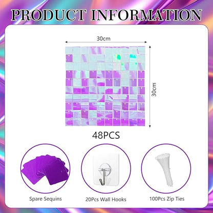 48 PCS Colorful Purple Shimmer Wall Backdrop, Square Sequin Photo Backdrops Panel, Glitter Wall Background for Birthdays, Weddings, Halloween, Engagements, Disco Bachelorette Party Decor (6FTx8FT)