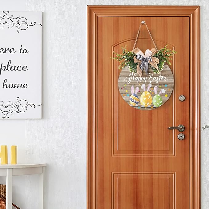 Happy Easter Wooden Hanging Sign Easter Colorful Eggs Bunny Sign Door Decoration Rustic Easter Wood Wreath Sign for Easter Spring Holiday Front Door Wall Rustic Farmhouse Porch Decor 12 x 12 Inch