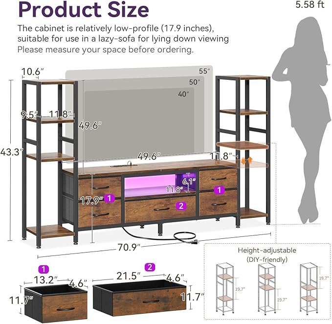 Casaottima TV Stand for 40/50/55 Inch TV, Low-Profile Entertainment Center with LED Lights & Power Outlet, TV Stand with Drawers & Open Shelves for Storage for Small Spaces/Gaming, Rustic Brown