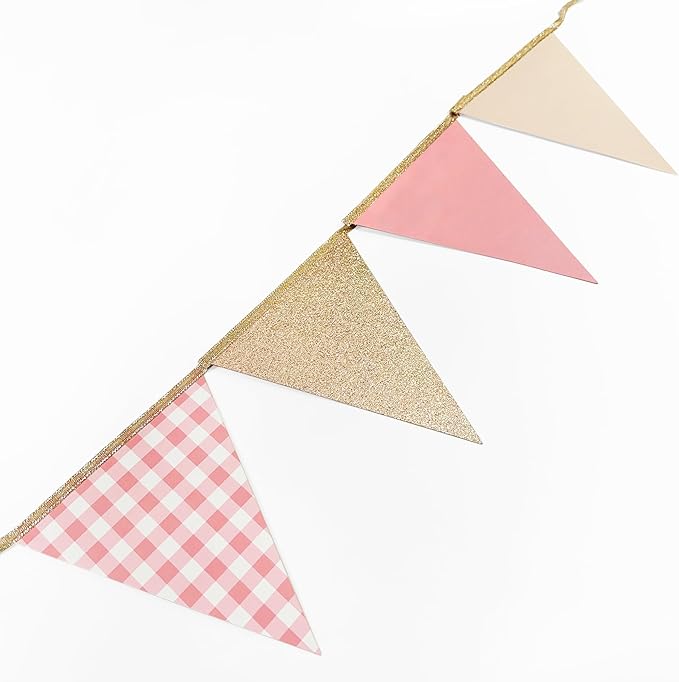 Dusty Rose Pink Buffalo Plaid Champagne Gold Party Decorations Pennant Banner Flag Hanging Glitter Paper Triangle Bunting for Women Girls Birthday Baby Shower Wedding Bridal Shower Hen Party Supplies