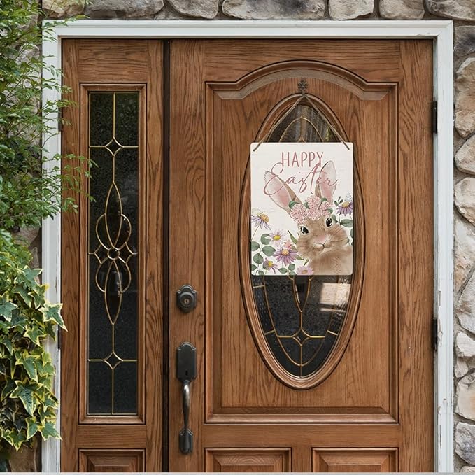 Mtrgdn Easter Decor,Decoration Happy Easter Sign Spring Bunny Rabbit Wood Wall Hanging Tags, Indoor Home Front Porch Farmhouse Decor,8×10 Inch