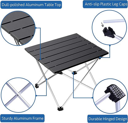 Grope Portable Camping Table with Aluminum Table Top, Folding Beach Table Easy to Carry, Prefect for Outdoor, Picnic, BBQ, Cooking, Festival, Beach, Home Use (Black-S)