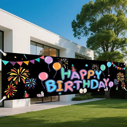Nuxovilar Happy Birthday Banner Decorations 17.72x78.74 Inch Colorful Fireworks Theme - Polyester for Indoor Outdoor Birthday Party Decor