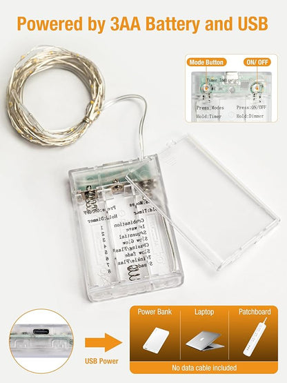 btfarm Fairy Lights Battery Operated with Timer 8 Modes, 16.4 FT 50 LED Silver Wire Twinkle String Lights Battery Powered Dimmable Waterproof for Indoor Home Party Wedding Christmas Decor, Red