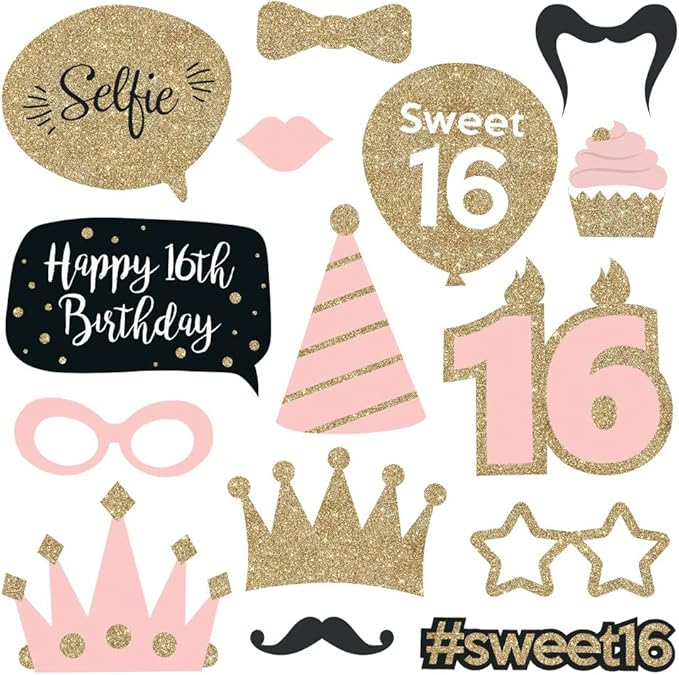 Fully Assembled Sweet 16 Birthday Photo Booth Props - Set of 30 - Pink & Gold Selfie Signs - 16th Party Supplies & Decorations - Cute 16th Bday Designs with Real Glitter - Did We Mention No DIY