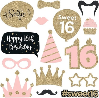 Fully Assembled Sweet 16 Birthday Photo Booth Props - Set of 30 - Pink & Gold Selfie Signs - 16th Party Supplies & Decorations - Cute 16th Bday Designs with Real Glitter - Did We Mention No DIY