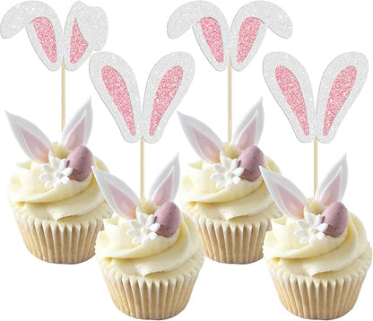 Ephlyn 24 Pcs Happy Cupcake Toppers Glitter Rabbit Ear Cupcake Picks Happy Easter Day Theme Baby Shower Kids Birthday Party Cake Decorations