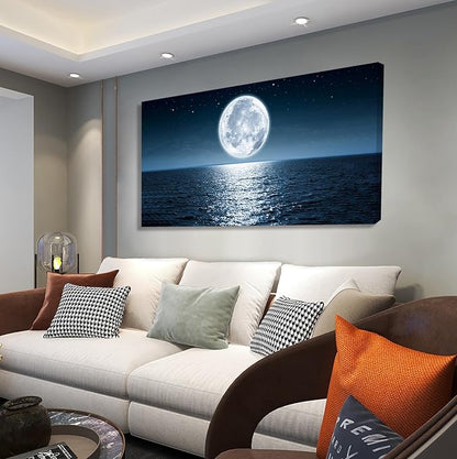 Wall Art Canvas Print Moon Sea Ocean Landscape 1 Panels Full Moon Picture Painting Framed and Stretched Ready to Hang for Living Room Bedroom Office Home Decor Artwork