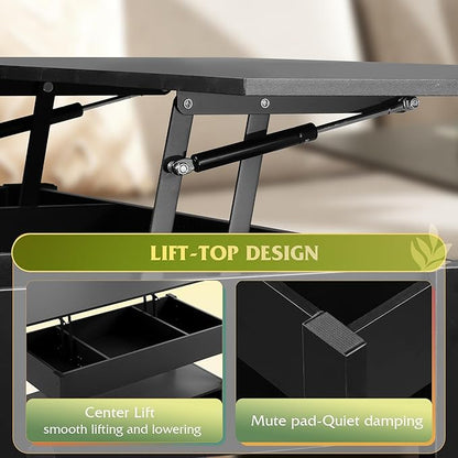 WLIVE Coffee Table, Lift Top Coffee Table with 2 Drawers, Large Hidden Compartment and Open Storage Shelf, Lift Tabletop, Dining Table for Living Room, Black