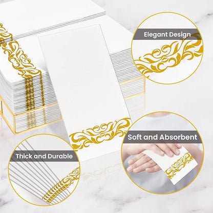 100 Pack Napkins Disposable Guest Towels Linen-Feel Decorative Napkins Soft and Absorbent Dinner Paper Hand Towels for Bathroom Party Powder Room Hotel Fancy Restaurant (100 Gold Floral)