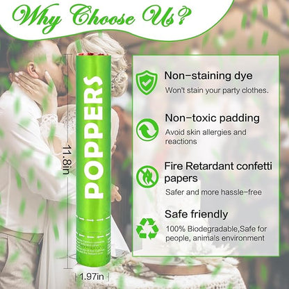 Confetti Cannon 12Pack Green Party Popper Shooters 12 Inch Confftti Poppers for Wedding Birthday Graduation Baby Shower Party Celebrations Supply Launches 20-25ft