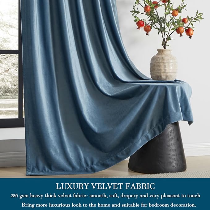 PRIMROSE Velvet Curtains 84 inch Long for Living Room,Set of 2 Panels Stone Grayish Blue Blackout Rod Pocket Back Tab Window Treatment Room Darkening Heavy Decorative Curtains Drapes for Bedroom