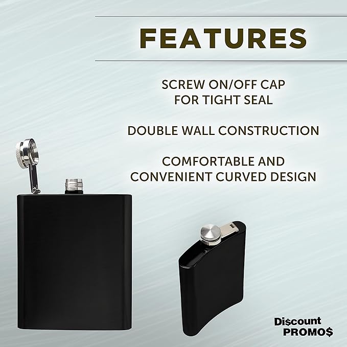 Murano Stainless Steel Hip Flasks 6 oz. Set of 10, Bulk Pack - Screw on Cap, Great for Wedding Party Gifts, Groomsmen Gifts, Outdoor Activities - Black