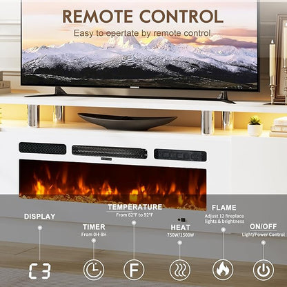 70" TV Stand for Living Room, Entertainment Center & Media Console with Storage, Fits TVs up to 80", Modern TV Cabinet with Shelves, 36" Electric Fireplace (All White)