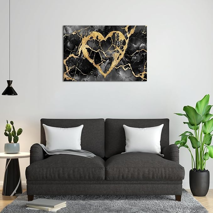 HOMEOART Black and Gold Wall Decor Love Wall Art Gold Heart Picture Marble Print, Living Room Bedroom Love Sign Gothic Decoration, Framed Ready to Hang 24x48inch