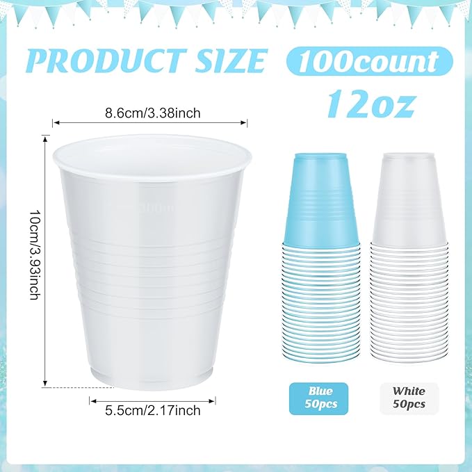 100 Pcs Blue and White Plastic Cups 12 oz, Bulk Light Blue Disposable Party Graduation Cups for Graduation Bachelorette Wedding Birthday Baby Shower Bridal Theme Party Supplies Decorations