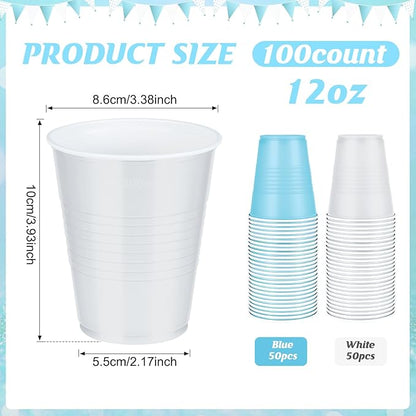 100 Pcs Blue and White Plastic Cups 12 oz, Bulk Light Blue Disposable Party Graduation Cups for Graduation Bachelorette Wedding Birthday Baby Shower Bridal Theme Party Supplies Decorations
