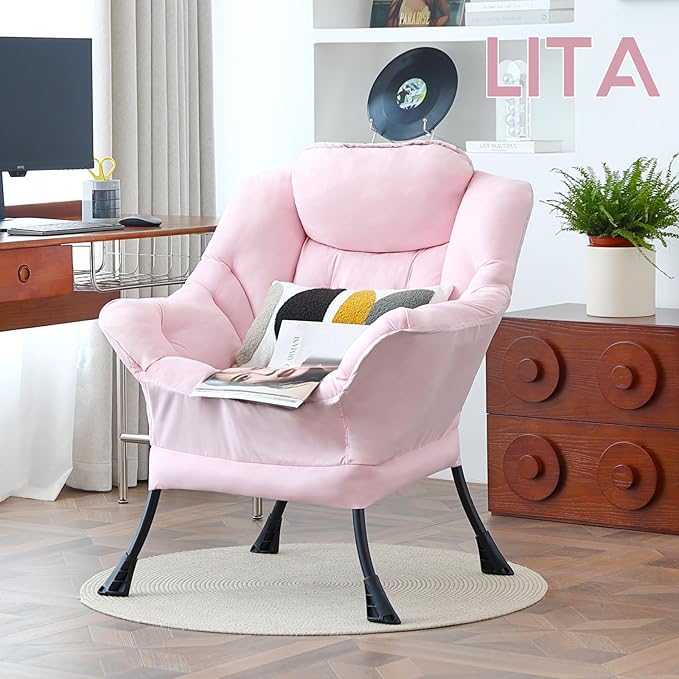 LITA Lazy Chair with Armrests and Side Pocket, Modern Upholstered Accent Reading Chair for Living Room, Bedroom, Dorm, Small Spaces, Single Pink