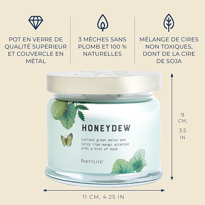 PartyLite Honeydew Scented, Notes of Green Melon, Juicy Ripe Mango and a Hint of Musk, 13.2oz 3-Wick Jar Candle, 45 Hour Burn Time, Luxurious Fragrance, Ideal for Gifting