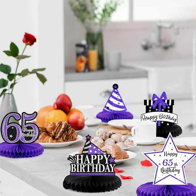 Happy 65th Birthday Decorations,65th Bday Purple Glitter Shiny Stand Honeycomb Table Centerpieces - Cheers to 65 Years Old Birthday Party Photoprop Gift Sign.