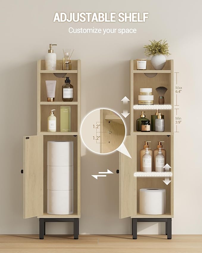 Bathroom Storage Cabinet, Small Corner Floor Cabinet with Door and Shelves, Narrow Toilet Paper Holder, Bathroom Organizer with Adjustable Shelf, for Small Spaces, Rattan Yellow BC08202Y