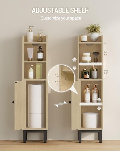 Bathroom Storage Cabinet, Small Corner Floor Cabinet with Door and Shelves, Narrow Toilet Paper Holder, Bathroom Organizer with Adjustable Shelf, for Small Spaces, Rattan Yellow BC08202Y