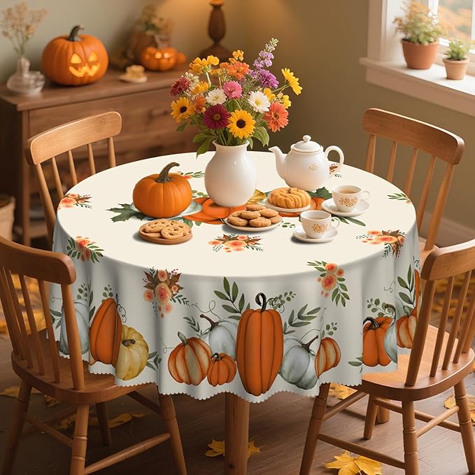 Eikione Fall Tablecloth 60Inch, Round Pumpkin Tablecloth, Thanksgiving Table Cover for Party Dining Picnic Table Decorations