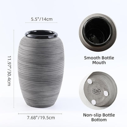 ALMA Large Black Vase Home Decor, 12'' Tall Gray Boho Decorative Vase with Wide Mouth, Ceramic Table Pampas Grass Vase for Centerpieces, Living Room, Farmhouse, Entryway, Mantel, Bookshelf
