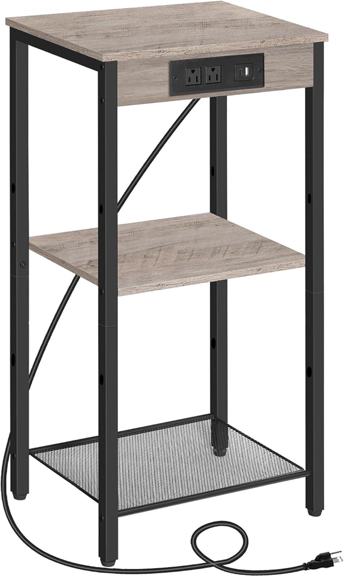 HOOBRO Tall End Table with Charging Station, 30 Inch Tall Nightstand, 3-Tier Small Side Table with Adjustable Shelf, for Living Room, Bedroom, Hallway, Greige BG09UDH01G1