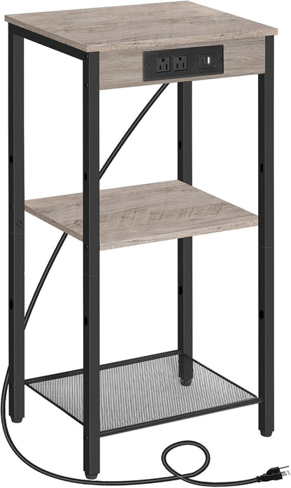 HOOBRO Tall End Table with Charging Station, 30 Inch Tall Nightstand, 3-Tier Small Side Table with Adjustable Shelf, for Living Room, Bedroom, Hallway, Greige BG09UDH01G1