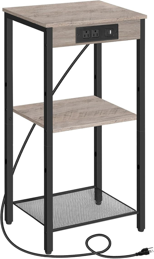 HOOBRO Tall End Table with Charging Station, 30 Inch Tall Nightstand, 3-Tier Small Side Table with Adjustable Shelf, for Living Room, Bedroom, Hallway, Greige BG09UDH01G1