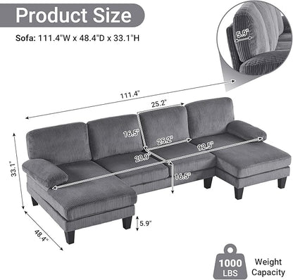 VINGLI 110" Sectional Couches for Living Room,U Shaped Couch with Double Chaise, 4-Seat Sofa Set with Corduroy Fabric for Home Furniture,Grey