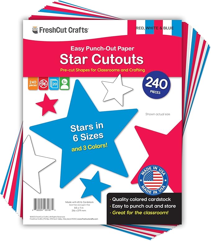241 Pieces Star Cutouts, 2-Sided US Made Card Stock Punch Out Patriotic Red, White, and Blue Stars for Classroom Decor, Back to School DIY Craft Projects, Party Decoration, 4th of July Themed Events