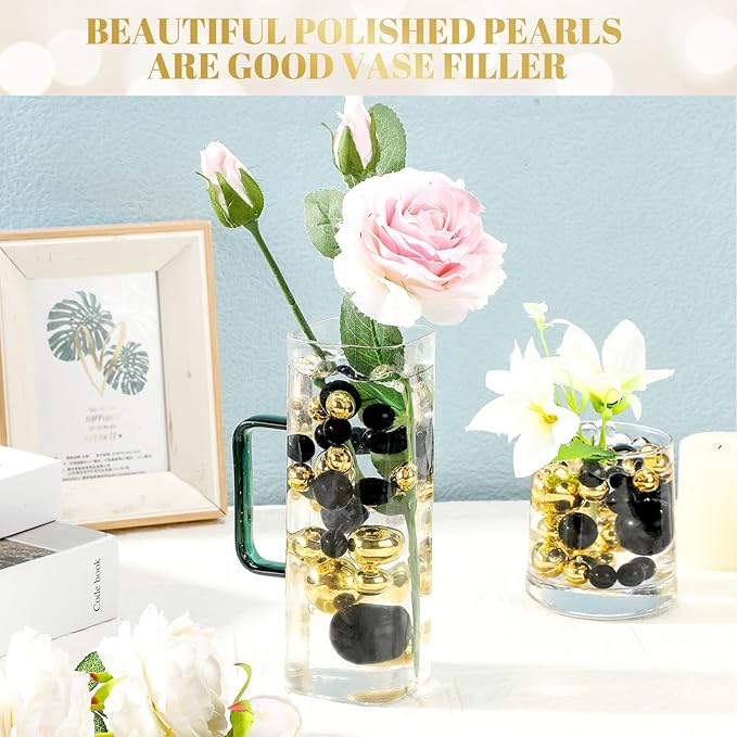Hicarer 120 Pieces Pearl for Vase Filler Pearl Bead Vase Centerpieces Brush Holder Assorted Round Faux Bead for Crafting, Home Wedding Table Decor 14/20/30 mm(Bright Black, Bright Gold)