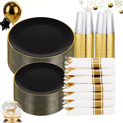 KIRE 350 PCS Plastic Dinnerware Set for 50 Guests - Black and Gold Plates 50 for Dinner 50 for Dessert & 50 Pre Rolled Napkins with Disposable Silverware 50 Cups for New Year/Banquet/Wedding