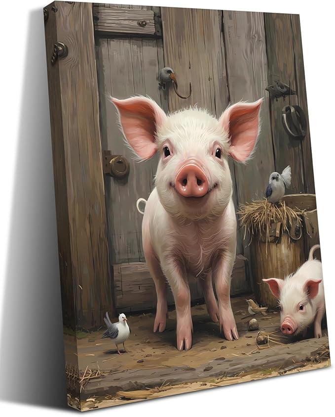Farmhouse Pig Wall Art,Rustic Pig Canvas Prints Painting,Farm Animal Wall Art Country Bathroom Decor Print Painting Framed Artwork for Bedroom Kitchen12 X16