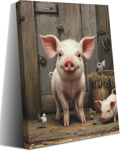 Farmhouse Pig Wall Art,Rustic Pig Canvas Prints Painting,Farm Animal Wall Art Country Bathroom Decor Print Painting Framed Artwork for Bedroom Kitchen12 X16
