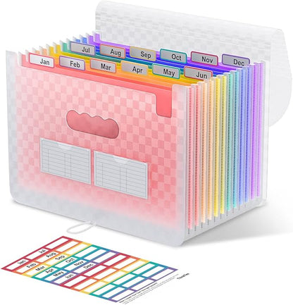 ThinkTex Accordion File Organizer, 12 - Pocket Expanding File Folders for Paper Receipts, Bills & Taxes Organizer, Letter/A4 Size Document Holder for School, Office, Home with Colorful tabs- Pink